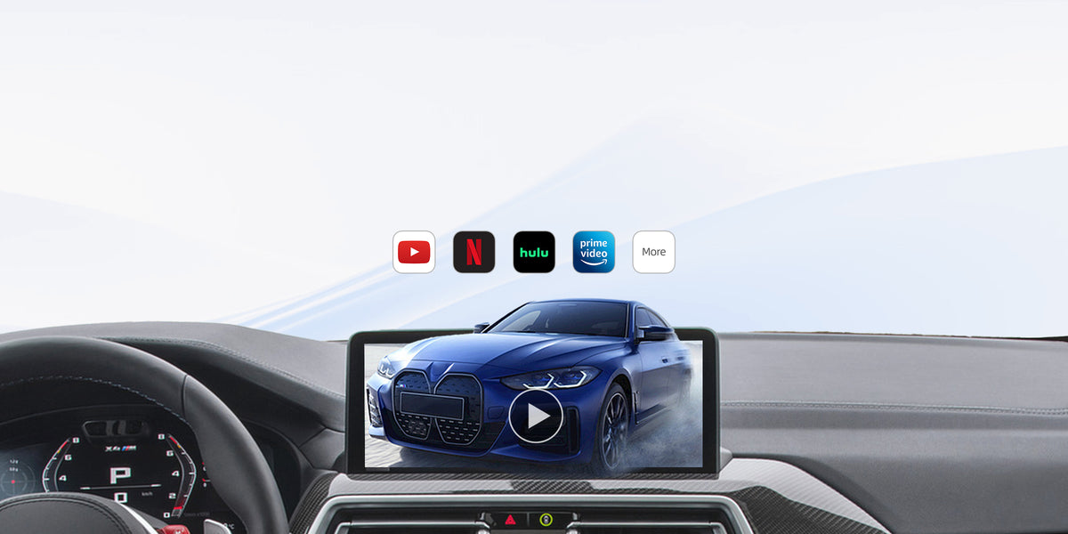 Car dashboard screen streaming blue BMW video with YouTube Netflix Hulu and Prime Video apps via Ottocast CarPlay adapter