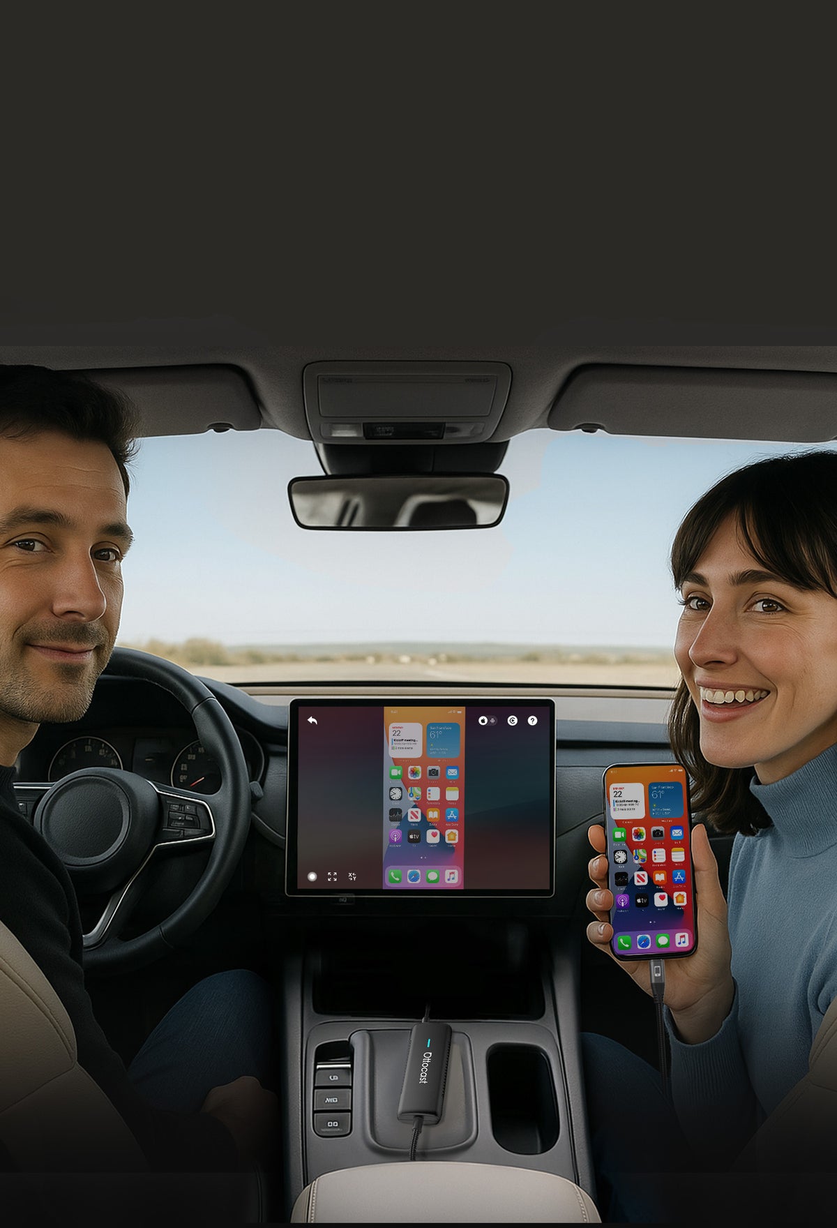 Couple using Ottocast wireless CarPlay adapter with iPhone screen mirroring to car display for easy in-car navigation and apps
