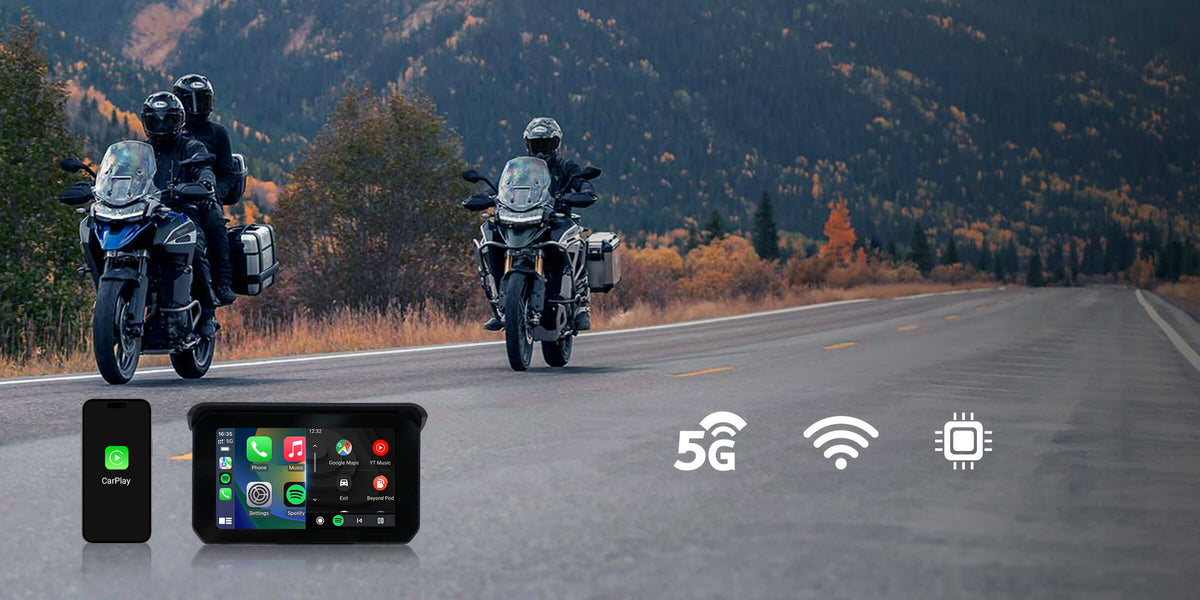 Motorcycle riders using Ottocast CarPlay display with 5G WiFi navigation and smart connectivity on the road
