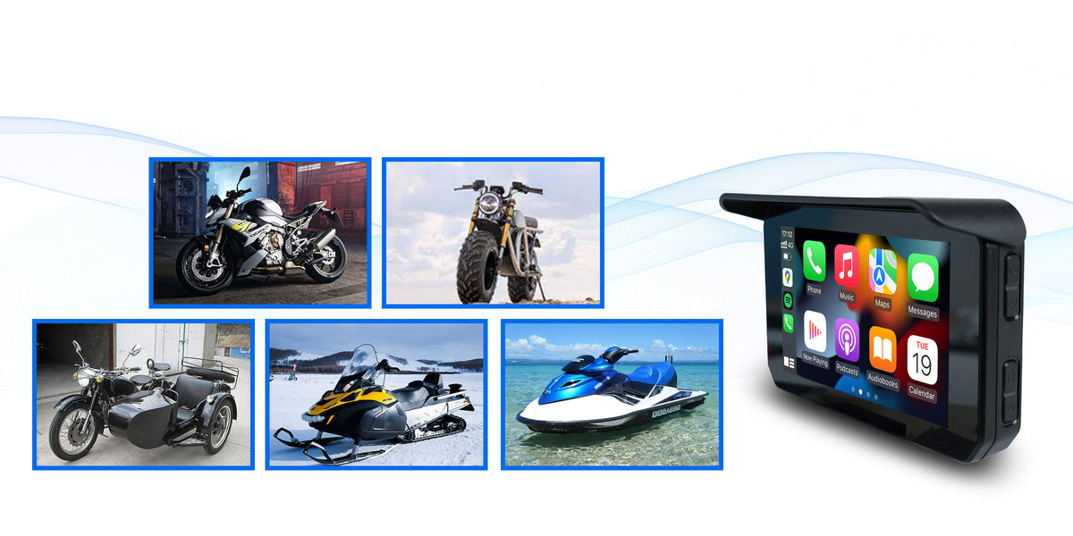 Ottocast CarPlay display for motorcycles, ATVs, snowmobiles, and jet skis with navigation and entertainment apps