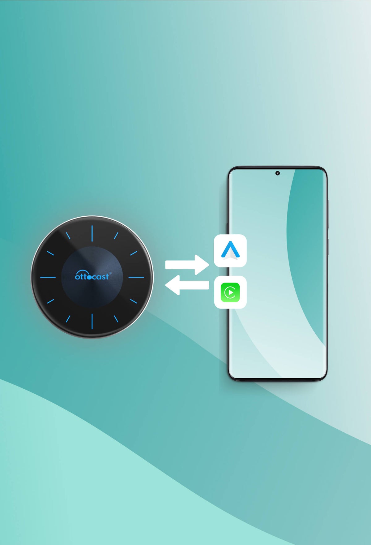 Ottocast P3 AI Box wireless adapter connecting smartphone with Apple CarPlay and Android Auto support