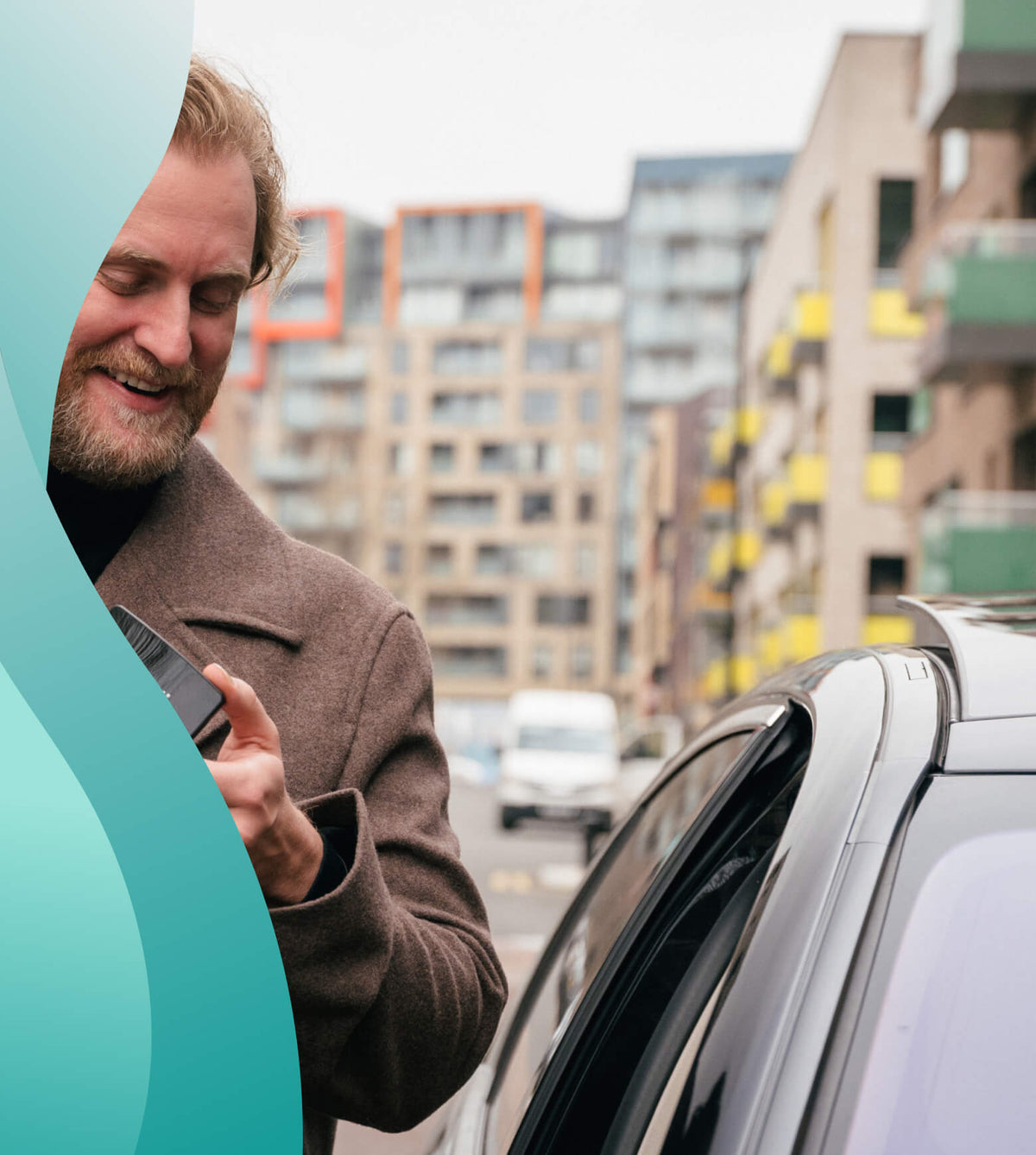 Man connecting phone to car using Ottocast Play2Video Pro wireless CarPlay and Android Auto adapter on urban street