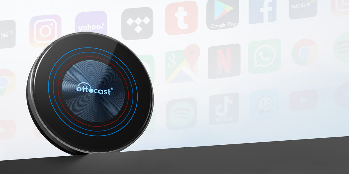 Ottocast round wireless CarPlay adapter with app icons background for car multimedia and smartphone connectivity
