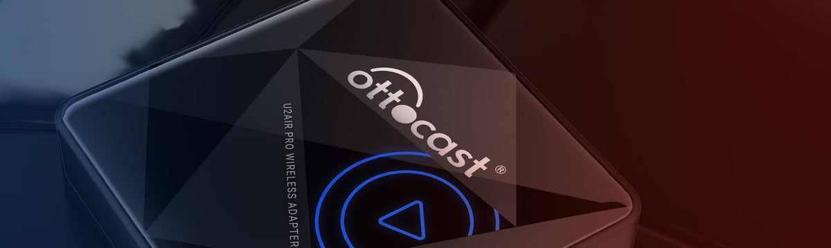Close-up of Ottocast U2-Air Pro wireless CarPlay adapter with sleek black geometric design and illuminated play icon
