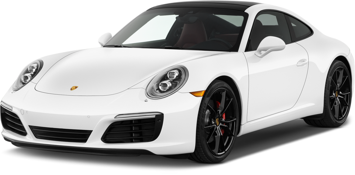 White Porsche 911 sports car front side view coupe with black wheels showcasing Ottocast wireless CarPlay adapter compatibility