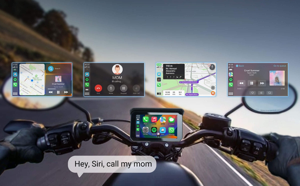 Ottocast CarPlay display on motorcycle handlebars showing navigation, music, calls, and Siri voice command features