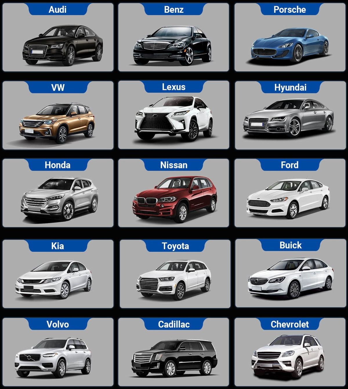 Car brand lineup including Audi, Benz, Porsche, VW, Lexus, Hyundai, Honda, Nissan, Ford, Kia, Toyota, Buick, Volvo, Cadillac, Chevrolet