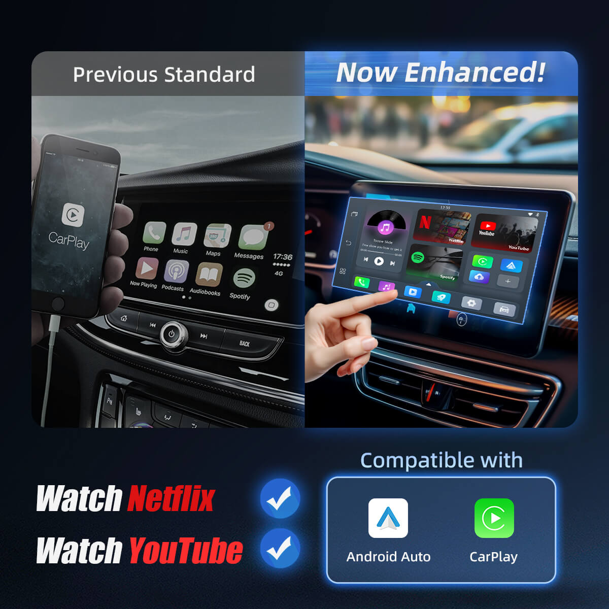 (Dzisiejsza specjalna oferta 40% TANIEJ) Play2Video Pro Bezprzewodowy adapter CarPlay/Android Auto z YouTube i Netflix
