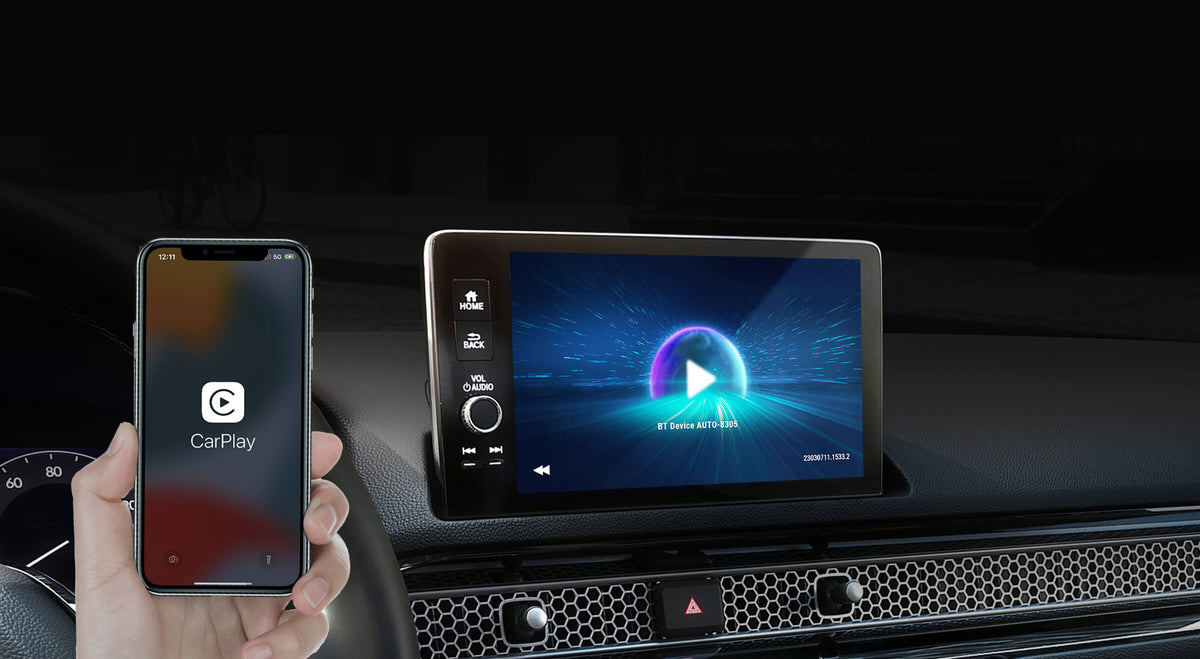 iPhone connecting to car display via Apple CarPlay wireless for in-car navigation and entertainment system