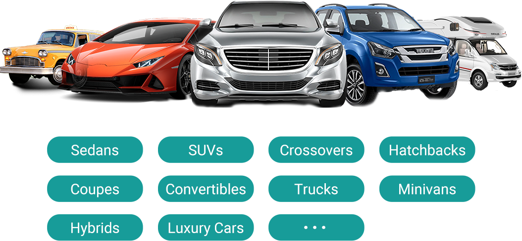 Various types of cars including sedans, SUVs, crossovers, hatchbacks, coupes, trucks, and luxury vehicles
