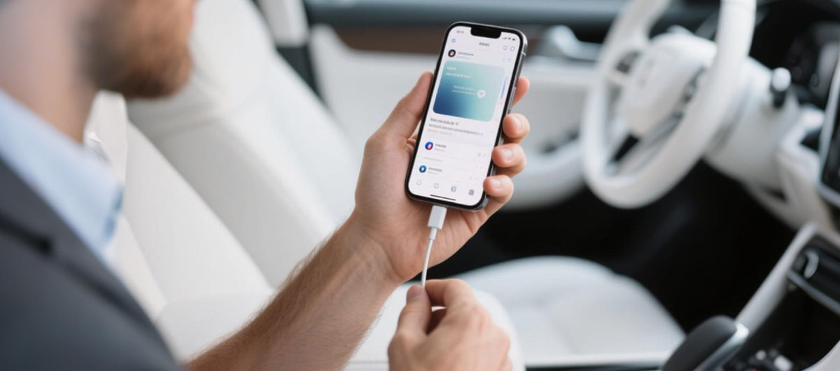 Driver connecting iPhone with USB cable in car, showing traditional wired CarPlay connection setup